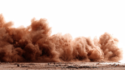 A dramatic cloud of red dust billows across a barren landscape