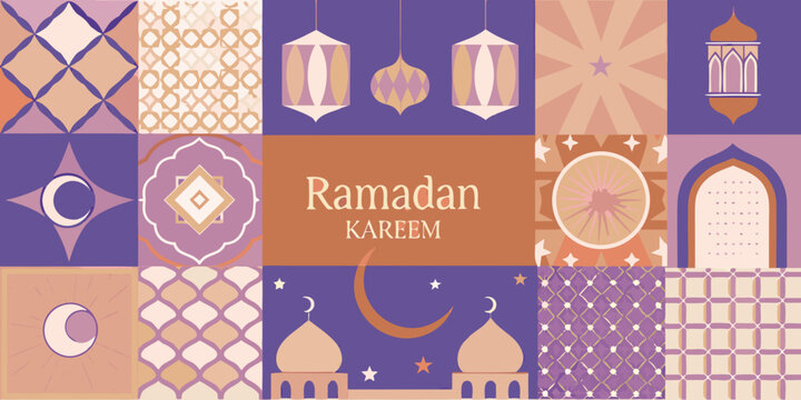A colorful ramadan kareem background with geometric patterns and islamic motifs