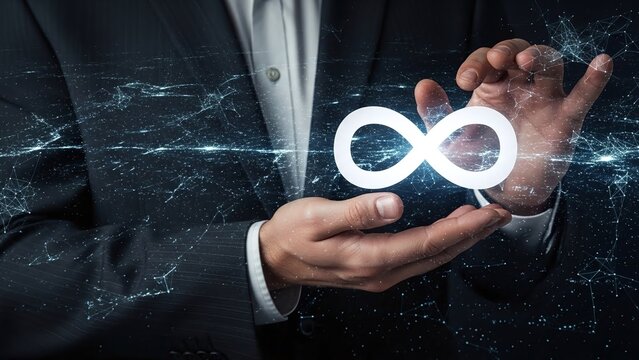 Man holds an infinity symbol in his hands, surrounded by a digital network.