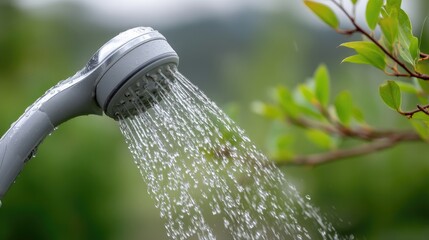 Water flowing from a showerhead in a garden surrounded by green leaves with space available for text