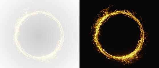 Glowing light round fire . Transparent PNG. PNG circle line creating a circular frame and round portal. Radiant gold swirl with glowing light, sparkle, and dust trail.