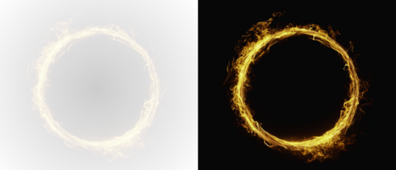 Glowing light round fire . Transparent PNG. PNG circle line creating a circular frame and round portal. Radiant gold swirl with glowing light, sparkle, and dust trail.