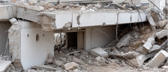 Close-up view of concrete rubble in grey and white tones showing debris from a construction site on a bright day