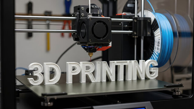 3D Printing Technology Creating Text in a Workshop Setting.