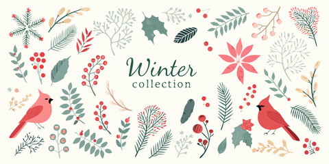 A festive winter collection featuring floral elements and charming cardinal birds