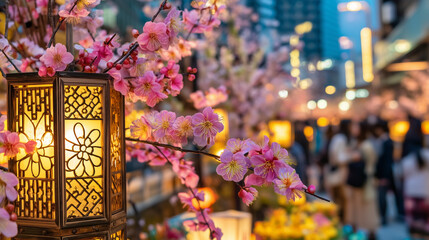 Obraz premium Tenjin Plum Festival, Tenjin Plum Festival night scene with lantern and blooming plum blossoms Japan