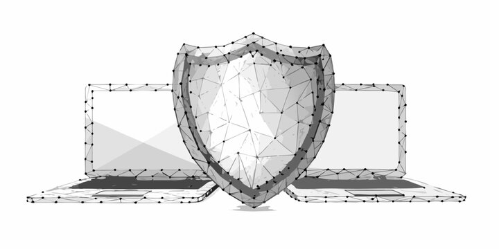Digital security concept with shield protecting two laptops from cyber threats