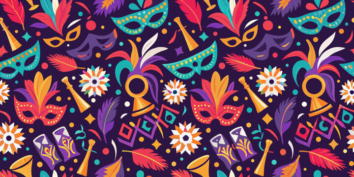 A vibrant seamless pattern of colorful carnival masks feathers and musical instruments