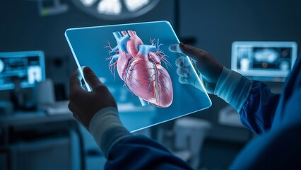 Doctor Examining Holographic Human Heart Model on Futuristic Tablet in Operating Room.