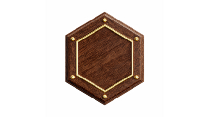 A hexagon-shaped wooden plaque with a gold border and brass rivets