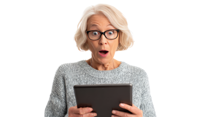 Surprised senior woman using digital tablet with amazed expression modern technology lifestyle concept isolated on white background