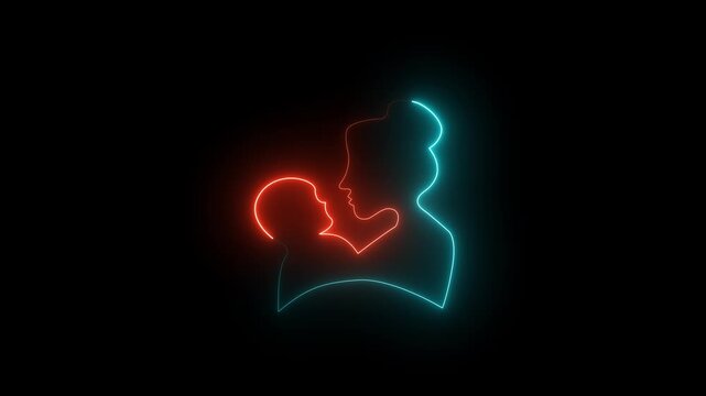 Modern neon blue family icon with mother and child in line art style. Digital concept for Mother's Day and caring.