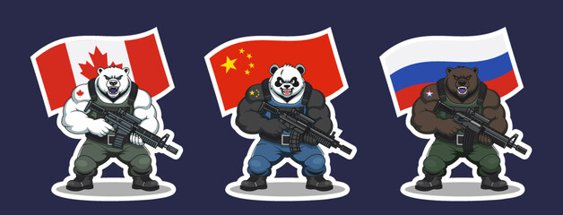 Vector sticker set. Menacing armed beasts in military uniform. Wavy flags of Canada, China, and Russia. Polar bear, panda and grizzly. Automatic rifles.Collection. Wild animals