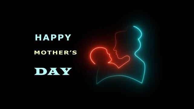 Happy Mother's Day  Greeting Card with Glowing Neon Heart and Digital Floral Accents on Dark Background