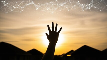 Silhouette of a raised hand against a sunset, reaching towards a digital constellation of network nodes.