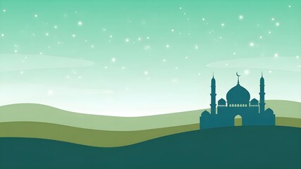 Pastel Mosque Landscape Illustration: Silhouette of masjid on rolling hills, starry mint green sky, minimalist flat design, Islamic travel, peace, and Ramadan concept