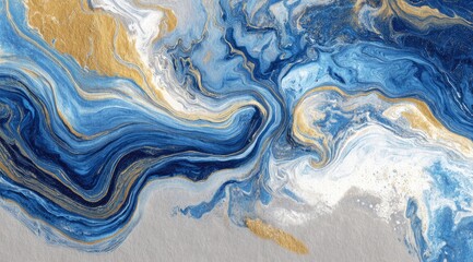 Abstract swirls of blue, gold, and white marble-like fluid art