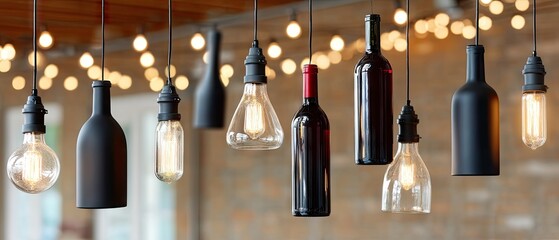 Hanging wine bottles and lights create a warm atmosphere in a rustic wine bar with a vintage charm