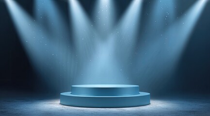 Illuminated blue stage platform with bright spotlights above