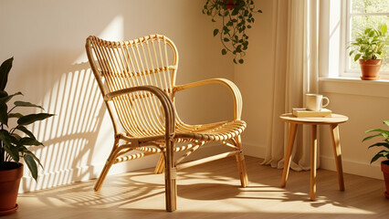 Rattan accent chair with a classic design and natural finish, perfect for bright and cozy living spaces