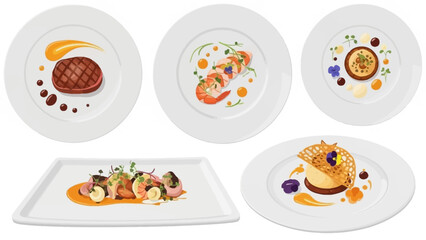 Assortment of Exquisite Gourmet Dishes on White Plates.