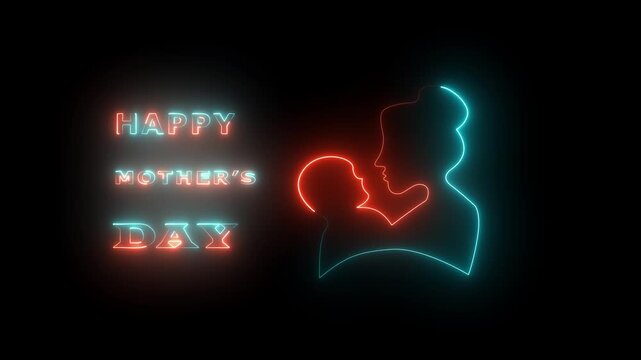 Happy Mother's Day Greeting Card with Glowing Neon Heart and Digital Floral Accents on Dark Background
