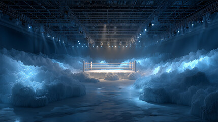 Wide shot , amazing of ice boxing stage in the arena hall with lot of smoke effect look cool , epic background image.