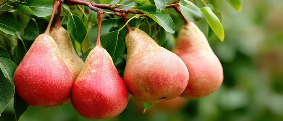 Pears grow on a branch under green leaves in a close-up shot capturing ripe fruit in bright colors and details of nature in high definition