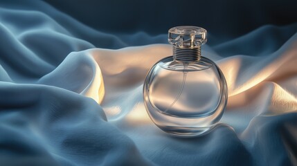Elegant Glass Perfume Bottle on Soft Draped Silk Fabric Background