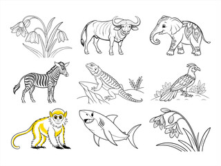 coloring page line art the animal bird and flower black vector bundle