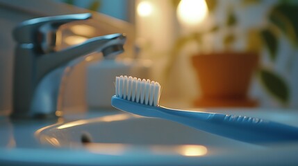 Blue toothbrush on sink, reflecting soft bathroom lights at night routine