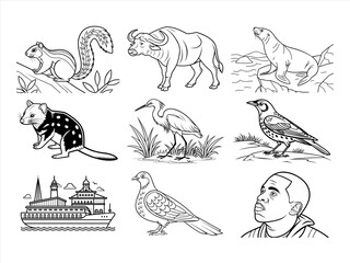 coloring page line art the animal bird and flower black vector bundle