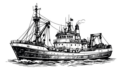 Hand drawn line art illustration of a fishing boat depicting sailing on ocean waves for nautical design