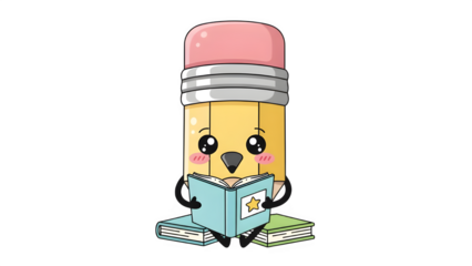 Cute cartoon pencil reads book on stack of books happily