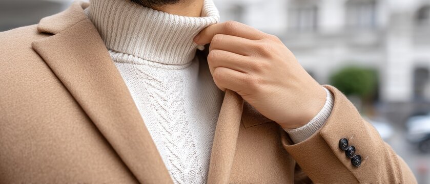 Close-up of a man unbuttoning a turtleneck sweater in an outdoor setting with his hand on his neck during the day