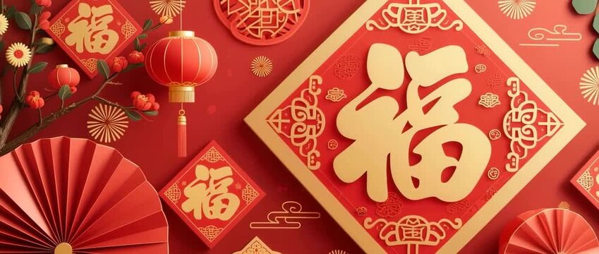 Traditional red Chinese lanterns with golden calligraphy and paper patterns hang as an oriental decoration for a winter celebration at an Asia temple