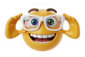 Funny 3d emoji character with glasses grinning widely and holding them up