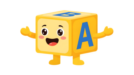 A cheerful cartoon block with letter A on it stands happily