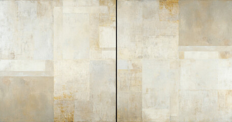 Fototapeta premium Abstract diptych painting with textured geometric shapes in neutral beige and off-white tones creating a minimalist modern art composition