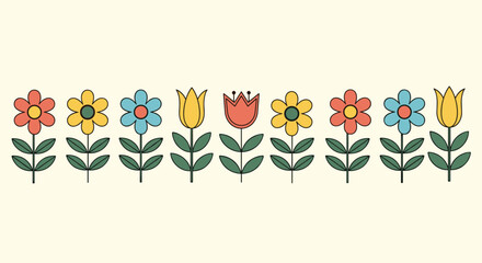 Row of colorful stylized flowers in a minimalist retro style features red yellow and blue petals on slender green stems.