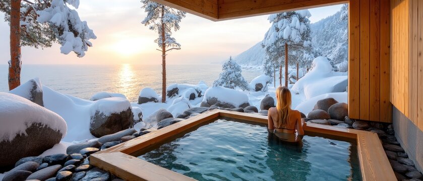 Woman relaxes in outdoor hot tub overlooking sea during sunset with winter landscape and snow-covered rocks