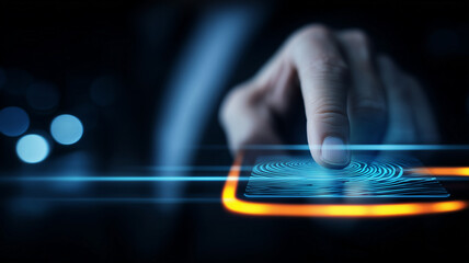 Human finger pressing a glowing fingerprint on a futuristic interface, representing biometric verification and secure system access.
