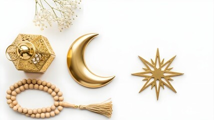 Islamic Prayer Essentials Flat Lay: Golden crescent moon and star, prayer beads, lantern, white flowers on clean background, Ramadan Mubarak, religious ritual and spirituality concept