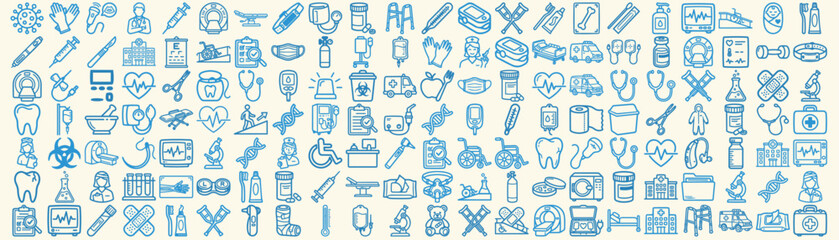Flat line art medical icon set close up seamless pattern showing diverse healthcare symbols in blue outline and cream background