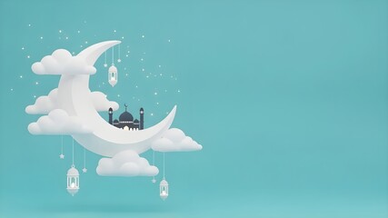 Dreamy Ramadan Night Scene: 3D crescent moon among soft white clouds, small mosque silhouette, hanging lanterns on teal background, magical Islamic holiday, children's faith concept