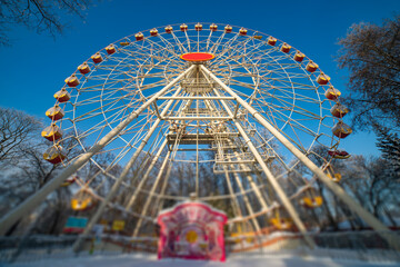A Ferris wheel in winter at an amusement park in Minsk