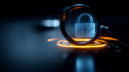 Magnifying glass focusing on a digital padlock within a technological interface representing cybersecurity analysis.
