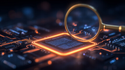 Magnifying glass inspecting a microchip integrated into an electronic circuit board, representing detailed technology analysis and hardware security inspection.
