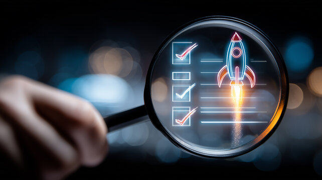 Magnifying glass inspecting a checklist with a rocket icon representing project validation and startup launch readiness.
