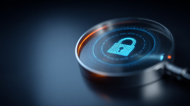 Magnifying glass highlighting a digital padlock icon representing data security inspection and protection systems.
 - Powered by Adobe